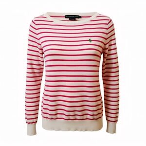 Ralph Lauren Cream Pink Striped Pullover Sweater Green Logo Pony Medium Preppy